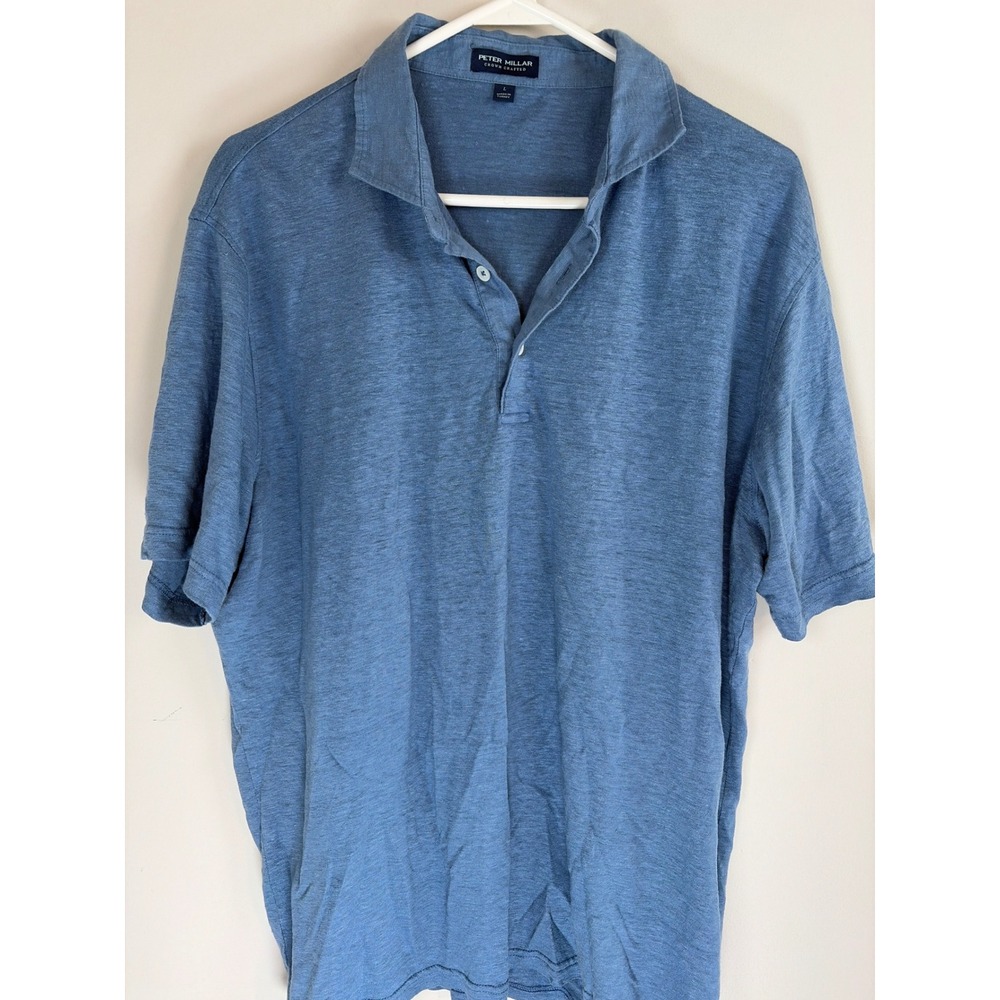 Peter Millar Crown Crafted Mens Blue 100% Linen Slub Short Sleeve Polo Shirt L